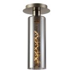 Lori 15cm Round Ceiling Flush, 1 Light Flush Fitting E27, Satin Nickel/Smoke Ribbed Slim Tube Shades