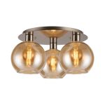 Lori 40cm Round Ceiling Flush, 3 Light Flush Fitting, Satin Nickel/Amber Open Mouth Round Globe Shades