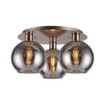Lori 40cm Round Ceiling Flush, 3 Light Flush Fitting, Satin Nickel/Smoke Open Mouth Round Globe Shades