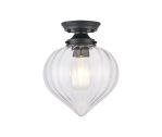 Mia 23cm Flush Ceiling Light With Flower Bud Shade 1 x E27, Satin Black/Clear