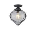 Mia 23cm Flush Ceiling Light With Flower Bud Shade 1 x E27, Satin Black/Smoke