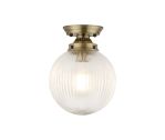 Mia Flush Ceiling Light With 20cm Acorn Ribbed Glass, 1 x E27, Antique Brass/Clear
