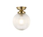 Mia Flush Ceiling Light With 20cm Acorn Ribbed Glass, 1 x E27, Brass/Clear