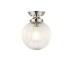 Mia Flush Ceiling Light With 20cm Acorn Ribbed Glass, 1 x E27, Polished Nickel/Clear