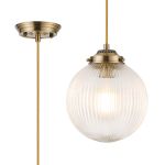 Mia Single Pendant With 20cm Acorn Ribbed Glass, 1 x E27, Antique Brass/Golden Brown Braided Braided Cable/Clear