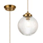 Mia Single Pendant With 20cm Acorn Ribbed Glass, 1 x E27, Brass/Pale Gold Braided Cable/Clear