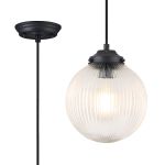 Mia Single Pendant With 20cm Acorn Ribbed Glass, 1 x E27, Satin Black/Black Twisted Braided Cable/Clear