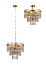Filo 45cm Pendant/Semi Ceiling 7 Light E14, Brass Gold/Smoke Glass Rods
