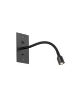Luzia USB Wall Lamp, 1 Light Adjustable Switched Fits A Standard Double Socket Box, 1 x 3W LED, 3000K, 270lm, Satin Black, 3yrs Warranty