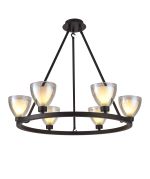 Giuseppe Round Fixed Pendant With Curved Cone Glass (U), 6 Light G9, Satin Black/Iridescent/Opal