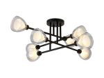 Giuseppe 84cm Crossed Arm Semi Flush With Curved Cone Glass (U), 8 Light G9, Satin Black/Iridescent/Opal