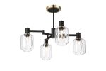 Erdi Swing Arm Semi Ceiling, 4 Light E14, Brass/Satin Black/Clear Striped Cylinder Glass