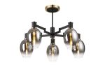 Erdi 70cm Swing Arm Semi Ceiling, 5 Light E14, Brass/Satin Black/Smoke Fade Wine Glass Glass