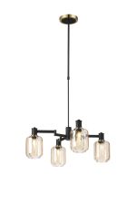Erdi Swing Arm Telescopic Pendant, 4 Light E14, Brass/Satin Black/Amber Striped Cylinder Glass