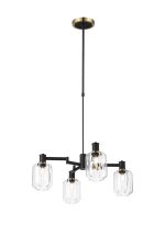 Erdi Swing Arm Telescopic Pendant, 4 Light E14, Brass/Satin Black/Clear Striped Cylinder Glass