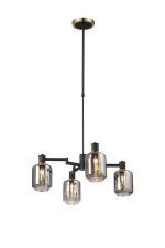Erdi Swing Arm Telescopic Pendant, 4 Light E14, Brass/Satin Black/Smoke Striped Cylinder Glass