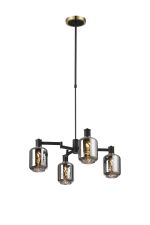 Erdi Swing Arm Telescopic Pendant, 4 Light E14, Brass/Satin Black/Smoke Twisted Cylinder Glass