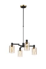 Erdi Swing Arm Telescopic Pendant, 4 Light E14, Brass/Satin Black/Amber Uniform Dimple Cylinder Glass