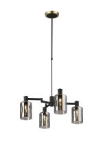 Erdi Swing Arm Telescopic Pendant, 4 Light E14, Brass/Satin Black/Smoke Uniform Dimple Cylinder Glass