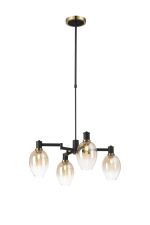 Erdi Swing Arm Telescopic Pendant, 4 Light E14, Brass/Satin Black/Amber Fade Wine Glass Glass