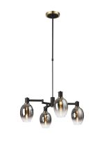 Erdi Swing Arm Telescopic Pendant, 4 Light E14, Brass/Satin Black/Smoke Fade Wine Glass Glass