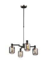 Erdi Swing Arm Telescopic Pendant, 4 Light E14, Satin Nickel/Satin Black/Smoke Striped Cylinder Glass