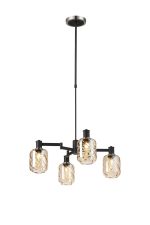 Erdi Swing Arm Telescopic Pendant, 4 Light E14, Satin Nickel/Satin Black/Amber Twisted Cylinder Glass