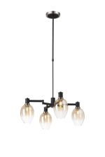 Erdi Swing Arm Telescopic Pendant, 4 Light E14, Satin Nickel/Satin Black/Amber Fade Wine Glass Glass