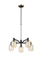 Erdi Swing Arm Telescopic Pendant, 5 Light E14, Brass/Satin Black/Amber Striped Cylinder Glass