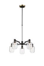 Erdi Swing Arm Telescopic Pendant, 5 Light E14, Brass/Satin Black/Clear Striped Cylinder Glass