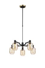 Erdi Swing Arm Telescopic Pendant, 5 Light E14, Brass/Satin Black/Amber Twisted Cylinder Glass