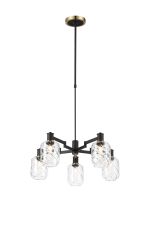 Erdi Swing Arm Telescopic Pendant, 5 Light E14, Brass/Satin Black/Clear Twisted Cylinder Glass