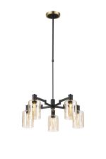 Erdi Swing Arm Telescopic Pendant, 5 Light E14, Brass/Satin Black/Amber Uniform Dimple Cylinder Glass