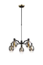 Erdi Swing Arm Telescopic Pendant, 5 Light E14, Brass/Satin Black/Smoke Fade Wine Glass Glass