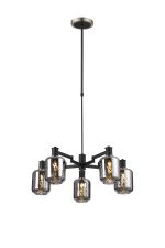Erdi Swing Arm Telescopic Pendant, 5 Light E14, Satin Nickel/Satin Black/Smoke Twisted Cylinder Glass