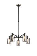 Erdi Swing Arm Telescopic Pendant, 5 Light E14, Satin Nickel/Satin Black/Smoke Uniform Dimple Cylinder Glass