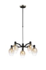 Erdi Swing Arm Telescopic Pendant, 5 Light E14, Satin Nickel/Satin Black/Amber Fade Wine Glass Glass