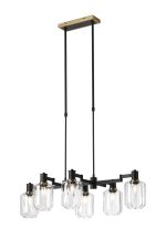 Erdi Swing Arm Telescopic Linear Pendant, 6 Light E14, Brass/Satin Black/Clear Striped Cylinder Glass
