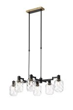 Erdi Swing Arm Telescopic Linear Pendant, 6 Light E14, Brass/Satin Black/Clear Twisted Cylinder Glass
