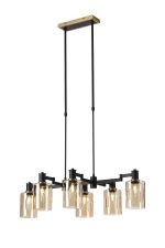 Erdi Swing Arm Telescopic Linear Pendant, 6 Light E14, Brass/Satin Black/Amber Uniform Dimple Cylinder Glass