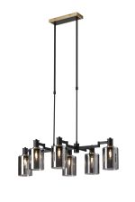 Erdi Swing Arm Telescopic Linear Pendant, 6 Light E14, Brass/Satin Black/Smoke Uniform Dimple Cylinder Glass