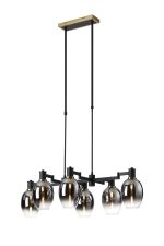 Erdi Swing Arm Telescopic Linear Pendant, 6 Light E14, Brass/Satin Black/Smoke Fade Wine Glass Glass