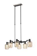 Erdi Swing Arm Telescopic Linear Pendant, 6 Light E14, Satin Nickel/Satin Black/Amber Striped Cylinder Glass