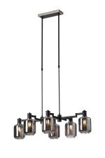Erdi Swing Arm Telescopic Linear Pendant, 6 Light E14, Satin Nickel/Satin Black/Smoke Striped Cylinder Glass