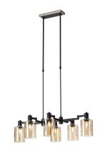 Erdi Swing Arm Telescopic Linear Pendant, 6 Light E14, Satin Nickel/Satin Black/Amber Uniform Dimple Cylinder Glass