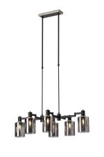 Erdi Swing Arm Telescopic Linear Pendant, 6 Light E14, Satin Nickel/Satin Black/Smoke Uniform Dimple Cylinder Glass