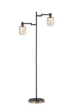 Erdi Swing Arm Floor Lamp 2 Light E14, Brass/Satin Black/Amber Striped Cylinder Glass