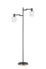 Erdi Swing Arm Floor Lamp 2 Light E14, Brass/Satin Black/Clear Striped Cylinder Glass