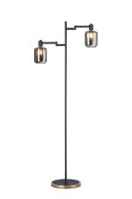 Erdi Swing Arm Floor Lamp 2 Light E14, Brass/Satin Black/Smoke Striped Cylinder Glass