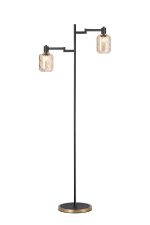 Erdi Swing Arm Floor Lamp 2 Light E14, Brass/Satin Black/Amber Twisted Cylinder Glass